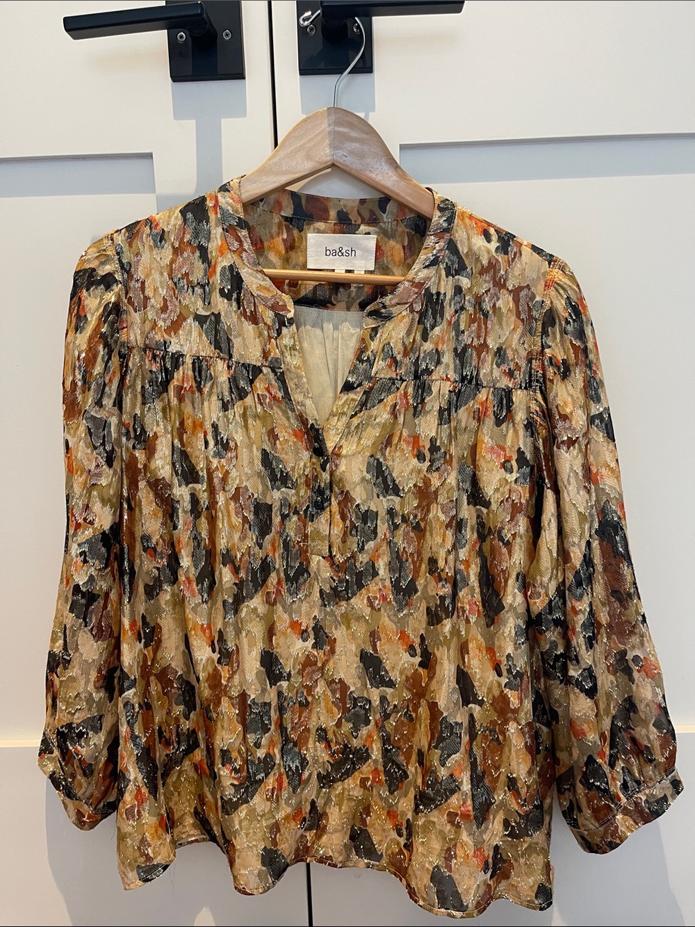 ba&sh Multicolor Abstract Print Long-Sleeve Blouse (Beige, Black, Brown, Orange)